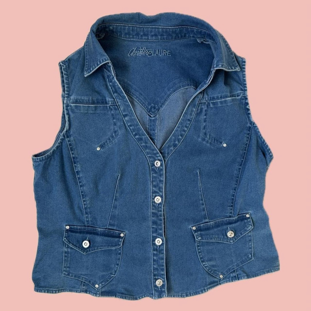 🧡 2 for 10$ Christine Laure XL Denim Vest – Classic Blue, Stretchy Fit